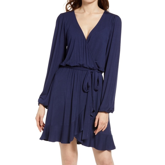BP Navy Long Sleeve Knit Wrap Dress - Picture 1 of 6